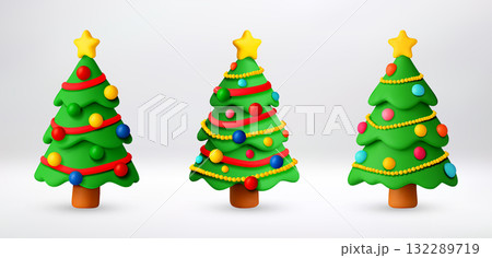 3d set colorful christmas trees with ornaments. 132289719