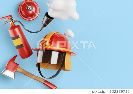 3d fireman banner template. Firefighter equipment set - fire helmet, extinguisher spraying foam, red alarm bell and axe on blue background. Emergency department, cartoon render icons. 3D illustration 3d fireman banner template. Firefighter equipment set - fire helmet, extinguisher spraying foam, red alarm bell and axe on blue background. Emergency department, cartoon render icons. 3D illustration 132289733