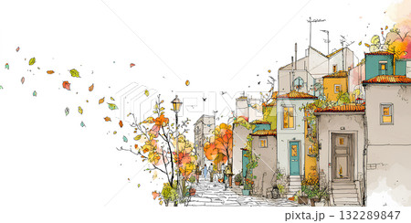 四季の街並み / 秋の静かな手描きの街角（線のある水彩画）Lined Watercolor 132289847
