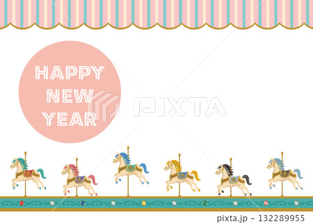 パステルカラーの木馬とストライプのメリーゴーランドの横型デザイン年賀状テンプレート パステルカラーの木馬とストライプのメリーゴーランドの横型デザイン年賀状テンプレート 132289955