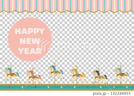 橫向新年賀卡模板,以柔和色調的搖馬和條紋旋轉木馬為特色 橫向新年賀卡模板,以柔和色調的搖馬和條紋旋轉木馬為特色 132289955