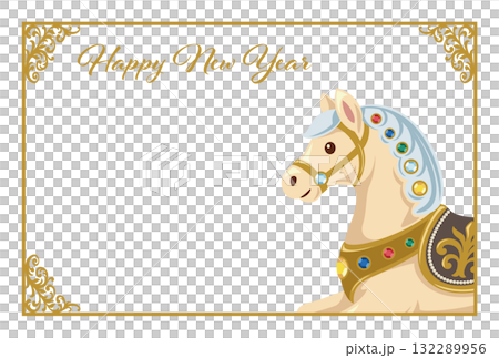 2026年新年賀卡，帶有搖馬和金色框架/簡潔優雅的橫向模板 132289956