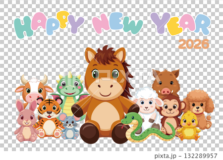 New Year's card featuring a large gathering of zodiac animals for 2026 / stuffed animal-style characters and Happy New Year New Year's card featuring a large gathering of zodiac animals for 2026 / stuffed animal-style characters and Happy New Year 132289957