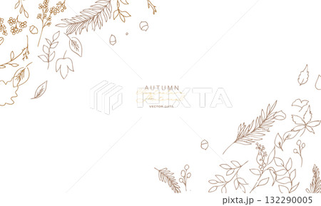 草木の線画イラスト。秋の草木のベクターフレーム。冬の植物シンプル背景。 草木の線画イラスト。秋の草木のベクターフレーム。冬の植物シンプル背景。 132290005