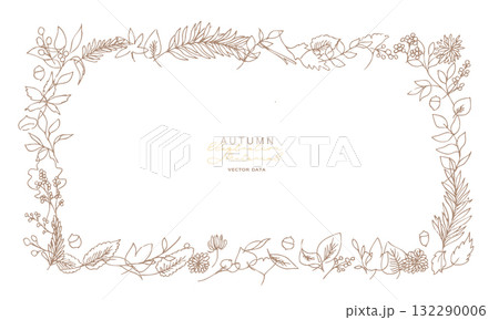 草木の線画イラスト。秋の草木のベクターフレーム。冬の植物シンプル背景。 132290006