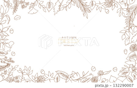 草木の線画イラスト。秋の草木のベクターフレーム。冬の植物シンプル背景。 132290007