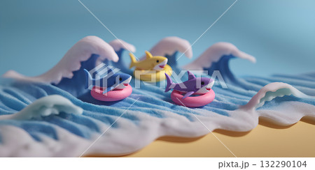 癒しの動物たち / 可愛いサメのサーフィン（3D）Cute Shark Surfing 132290104