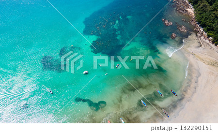 Aerial view of tropical shoreline at Kata Beach in Phuket, Thailand. 132290151
