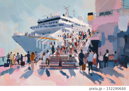 出発する豪華客船と旅行者たち（油彩風）Travelers Departing  132290688