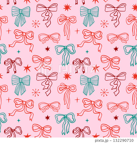 Seamless Christmas pattern with stars and coquette ribbon bows 132290710