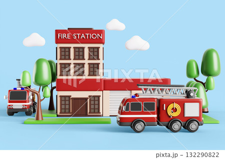 3d fire trucks return to station building with close garage box. Municipal city service, firefighter department front view. Render cartoon cityscape of emergency vehicles at firehouse. 3D illustration 3d fire trucks return to station building with close garage box. Municipal city service, firefighter department front view. Render cartoon cityscape of emergency vehicles at firehouse. 3D illustration 132290822