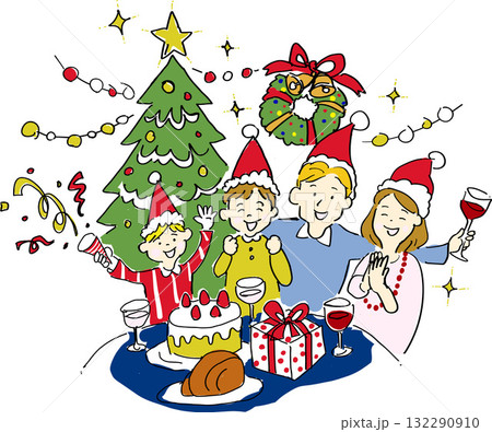 クリスマスパーティーを楽しむ家族のイラスト クリスマスパーティーを楽しむ家族のイラスト 132290910