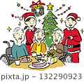 介護施設でクリスマスを楽しむ高齢者とスタッフのイラスト 132290923