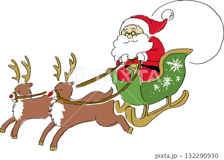 サンタクロースとトナカイのそりの手描き風イラスト 132290930