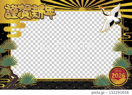 新年賀卡模板，黑色背景上有日式吉祥的松鶴橫框 132291038