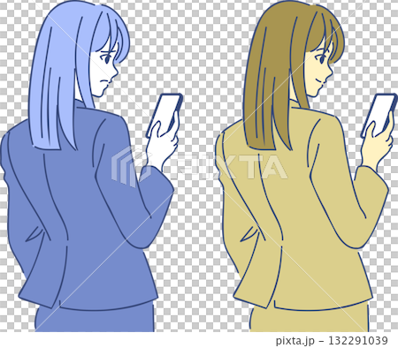 A woman looking backwards at her smartphone 132291039
