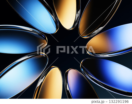 Neon glass round frame, geometric vibrant flower of transparent circle discs on black 3d background. Abstract crystal floral pattern with gold blue gradient and circular motion effect. 3D illustration Neon glass round frame, geometric vibrant flower of transparent circle discs on black 3d background. Abstract crystal floral pattern with gold blue gradient and circular motion effect. 3D illustration 132291196