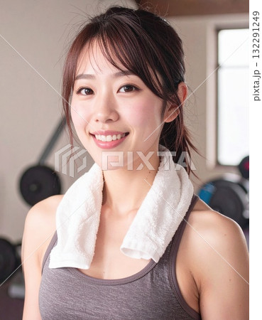 タオルを首にかけた女性のフィットネスポートレート 132291249