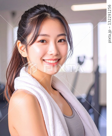 タオルを首にかけた女性のフィットネスポートレート 132291256