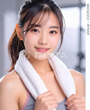 タオルを首にかけた女性のフィットネスポートレート タオルを首にかけた女性のフィットネスポートレート 132291306