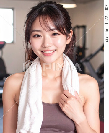 タオルを首にかけた女性のフィットネスポートレート タオルを首にかけた女性のフィットネスポートレート 132291307