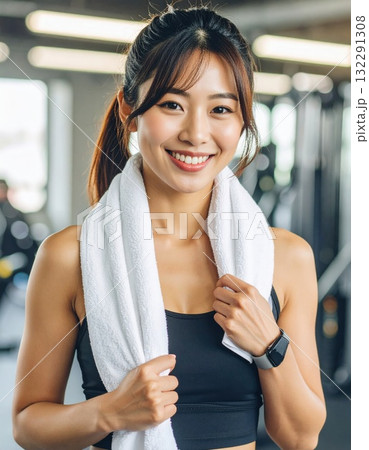 タオルを首にかけた女性のフィットネスポートレート タオルを首にかけた女性のフィットネスポートレート 132291308