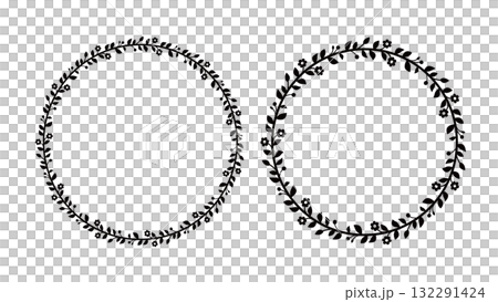 Delicate circular frame of flowers and leaves drawn with thin lines. 132291424