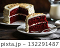 Closeup sliced red velvet cheese cake on white plate 132291487