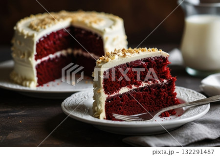 Closeup sliced red velvet cheese cake on white plate 132291487