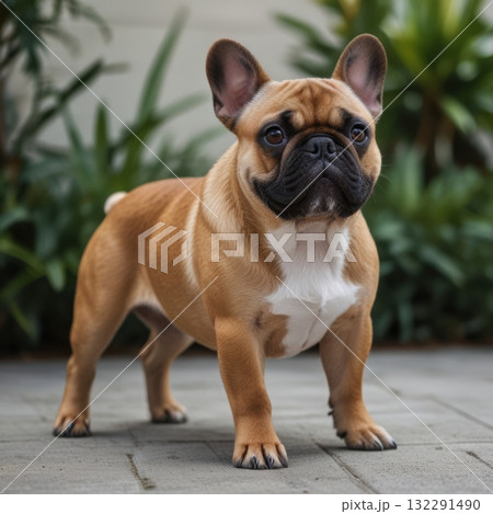 French bulldog standing portrait shot in the garden French bulldog standing portrait shot in the garden 132291490
