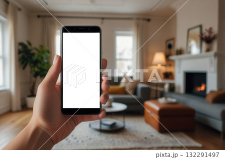 Hand holding a smartphone with a blank white screen in a softly living room Hand holding a smartphone with a blank white screen in a softly living room 132291497