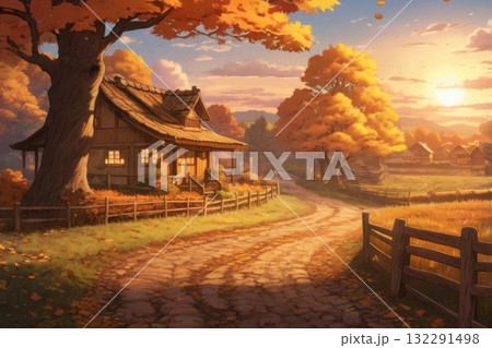 Illustration of wood house with trees and sunrise sky Illustration of wood house with trees and sunrise sky 132291498