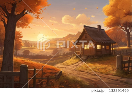Illustration of wood house with trees and sunrise sky Illustration of wood house with trees and sunrise sky 132291499