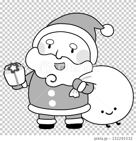 かわいいサンタクロースのモノクロイラスト（プレゼント付き） 132291532