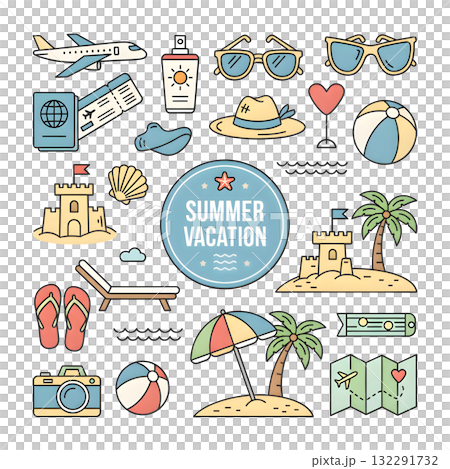 Summer stickers set. Tropical vacation on beach scrapbooking collection. Plane, ticket, sunscreen and other travel elements. Modern cartoon concept. illustration design. 132291732