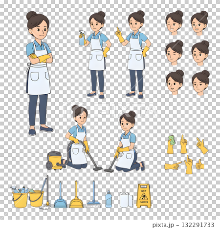 Set of Cleaning woman character. illustration design. Set of Cleaning woman character. illustration design. 132291733