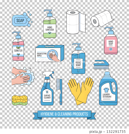 Hygiene Icons Set. Soap, Antiseptic Gel, Cleaning Tissues and other Hygienic Products. Washing Hand with Soap. Cleaning Products Signs Collection. illustration design. Hygiene Icons Set. Soap, Antiseptic Gel, Cleaning Tissues and other Hygienic Products. Washing Hand with Soap. Cleaning Products Signs Collection. illustration design. 132291735