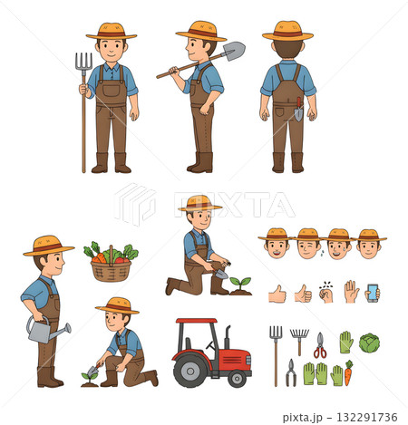 Farmer or gardener worker wearing overall uniform holding work tool. Character for animation. illustration design. 132291736