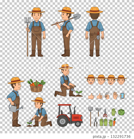 Farmer or gardener worker wearing overall uniform holding work tool. Character for animation. illustration design. 132291736