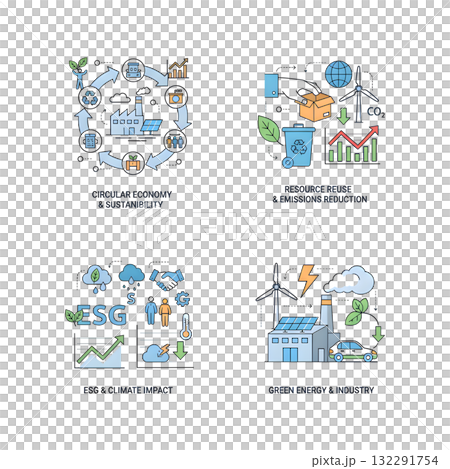 Circular economy illustration set. Sustainable economic growth with renewable energy and natural resources. Green energy, sustainable industry and manufacturing concept. illustration design. Circular economy illustration set. Sustainable economic growth with renewable energy and natural resources. Green energy, sustainable industry and manufacturing concept. illustration design. 132291754