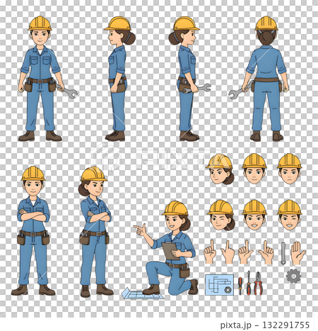 Industrial technician worker wearing helmet, overall uniform holding wrench tool. Character for animation. illustration design. Industrial technician worker wearing helmet, overall uniform holding wrench tool. Character for animation. illustration design. 132291755