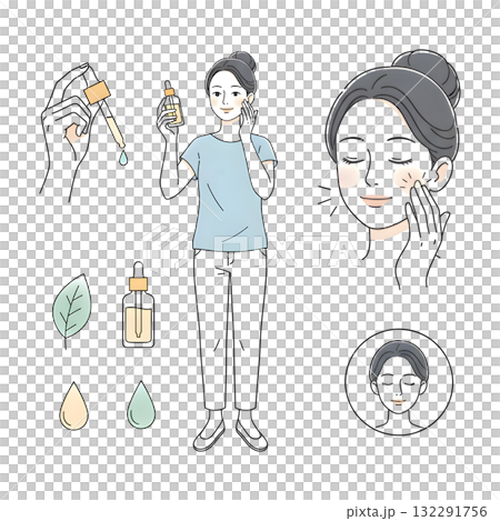 Girl applying facial serum set. Collection of woman using pipette dropper oil on her face and massaging skin. Beauty and skincare routine concept. illustration design. Girl applying facial serum set. Collection of woman using pipette dropper oil on her face and massaging skin. Beauty and skincare routine concept. illustration design. 132291756