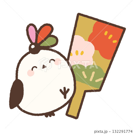 羽子板と頭に羽根を乗せて嬉しそうなシマエナガのイラスト 羽子板と頭に羽根を乗せて嬉しそうなシマエナガのイラスト 132291774
