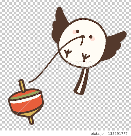 Illustration of a long-tailed tit playing a spinning top 132291775