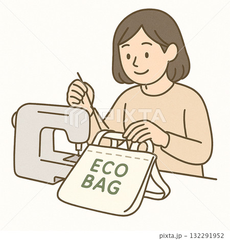 就労支援　職業訓練　ミシンでエコバッグを製作している様子 132291952