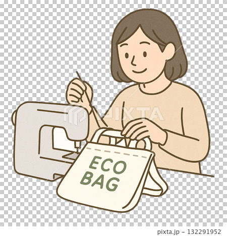 就労支援　職業訓練　ミシンでエコバッグを製作している様子 132291952