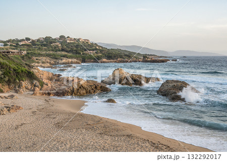 Spectacular view Golf at Sagone Corsica France beautyful sand Beach boats mountain village Tourism and vacations concept 132292017