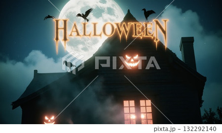 Spooky Halloween house with glowing jack-o'-lanterns and full moon in the night sky 132292140