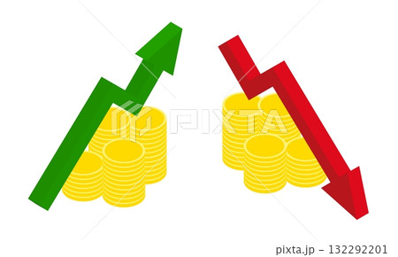 Isometric rise and fall of investing in gold and valuable stock exchange assets. Isolated cartoon vector on white background top view Isometric rise and fall of investing in gold and valuable stock exchange assets. Isolated cartoon vector on white background top view 132292201