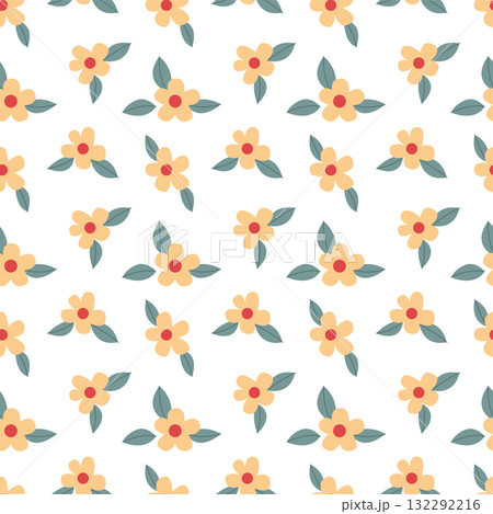 Cute Yellow Floral Seamless Pattern, Minimal Hand Drawn Flower Background Cute Yellow Floral Seamless Pattern, Minimal Hand Drawn Flower Background 132292216